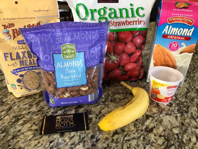 Ingredients needed for strawberry banana smoothie recipe.