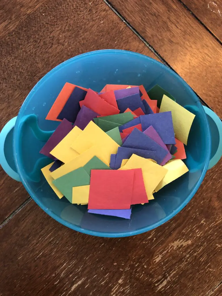 Colorful paper squares to be used in fun and easy rainbow craft