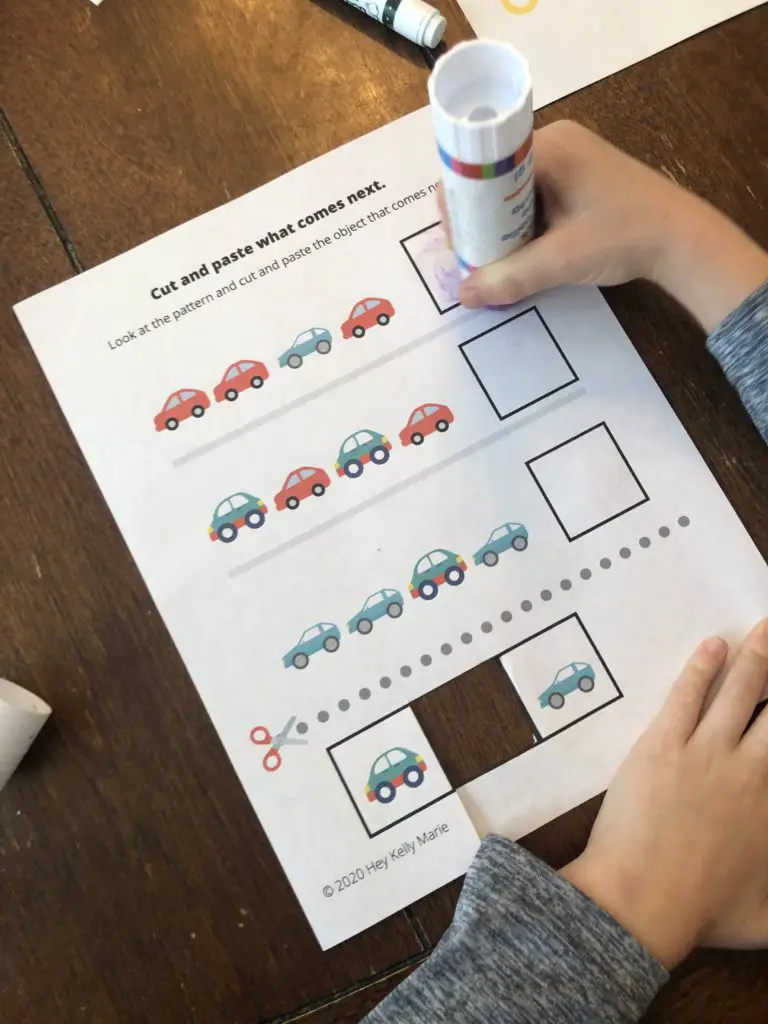 Cut and paste preschool pattern activity in the free preschool patterns workbook