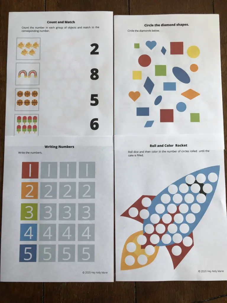 A preview of the types of worksheets included in the Free Preschool Math Workbook.