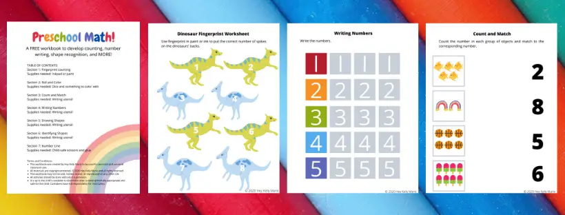 example pages of preschool math workbook
