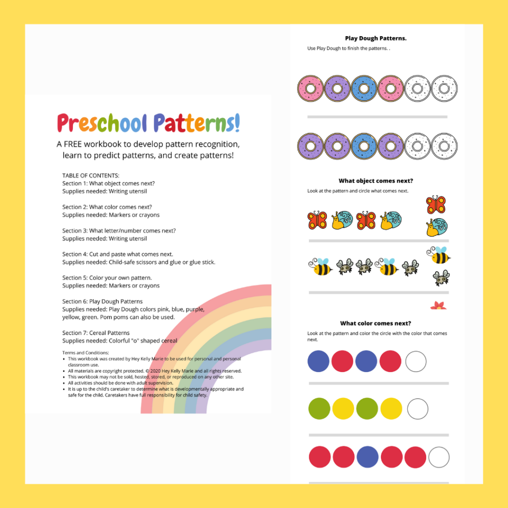 Preschool patterns workbook cover and example pages. 