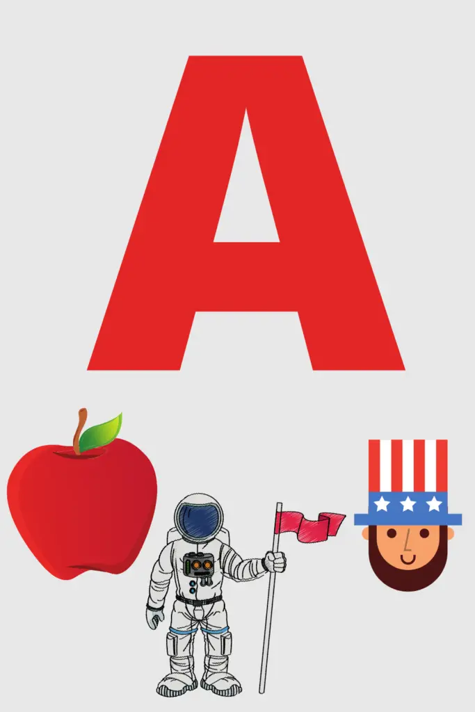 Graphic of letter A with a few ideas of things that start with A