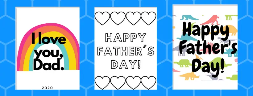 preview of printable father's day cards with rainbows, coloring page, and dinosaur designs