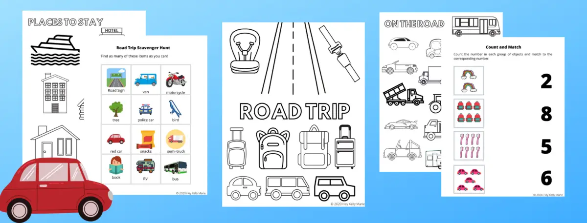 preview images of pages in free road trip activity book for kids
