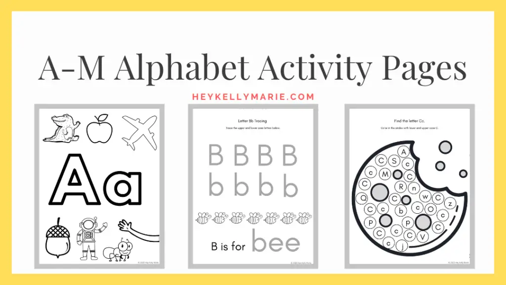 A-M alphabet activity pages link to printable pdfs