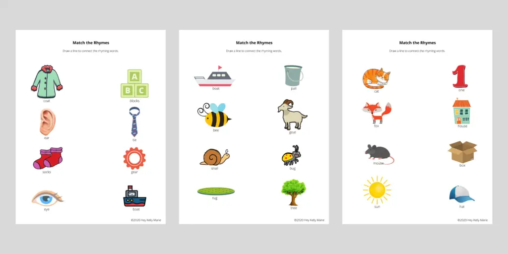Match the rhyme pages in the free rhyming activity pages for young kids