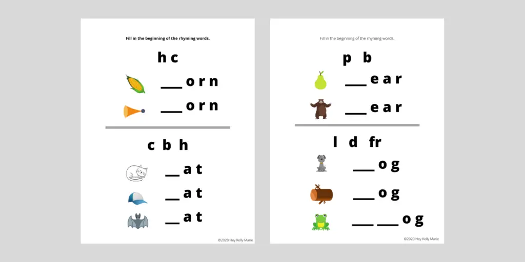2 activity pages where kids fill in the beginning letter of rhyming words.