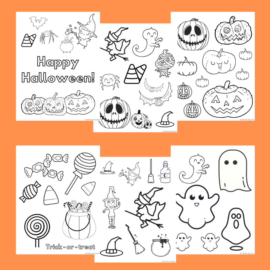 images of six different halloween coloring pages with ghosts, trick or treat, pumpkins, and witches