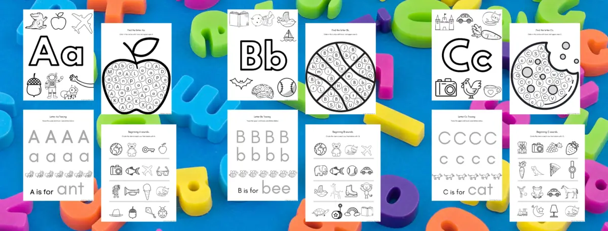 preview of the free alphabet worksheets for letters a b and c