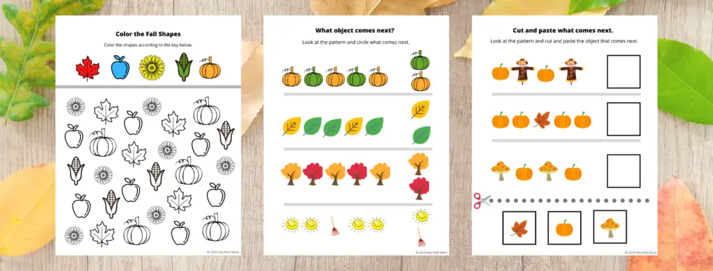 A Color the Fall Shapes according to the key activity, What comes next? Patterning Activity, and What comes next? Cut and Paste Patterning pumpkin preschool Activity are included. 
