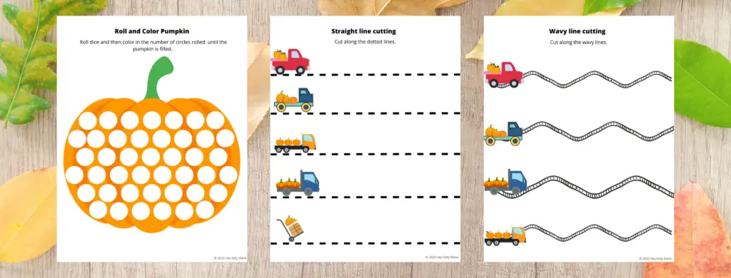 The Preschool Pumpkin Worksheet set includes the Roll and Color Pumpkin, Straight Line Cutting, and Wavy Line Cutting activity. 