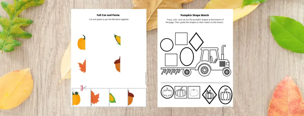 Fall Cut and Paste and a Pumpkin Shape Match activity are also included in the Preschool Pumpkin Activity packet and practice shape cutting and pasting skills.
