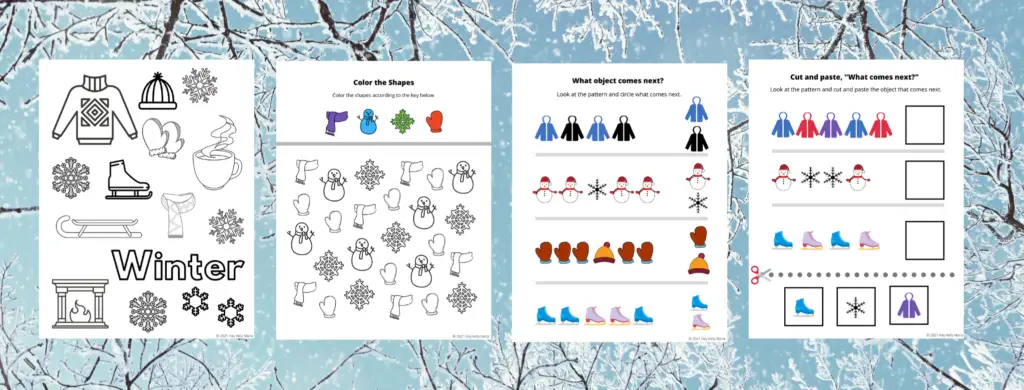 Pages 1-4 of the Winter Themed Worksheets