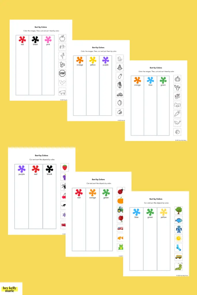 sort by colors activities free printable; preview of color sorting worksheets