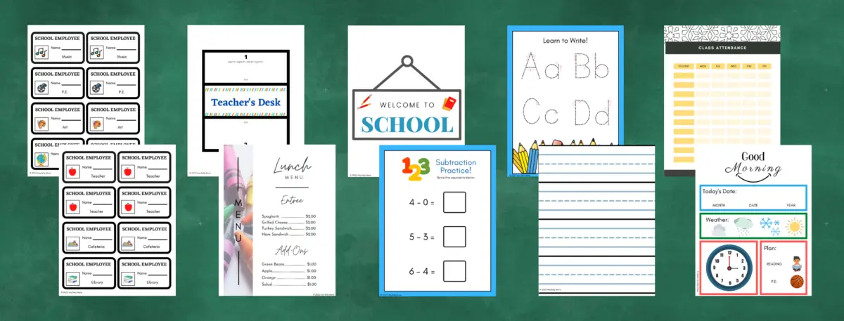 preview of pretend play school printables with name tags, lunch menu, desk sign, attendance record sheet