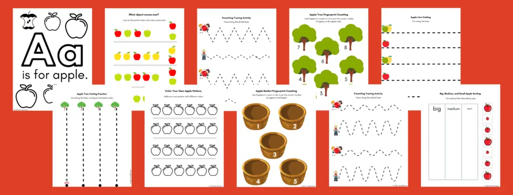 Apple theme worksheets for preschool kids with coloring page, patterning activity, prewriting tracing worksheets, fingerprint counting and more