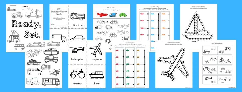 Preview of preschool transportation theme worksheets