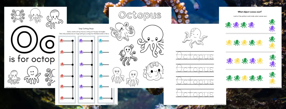 Images of octopus activity pages for preschool
