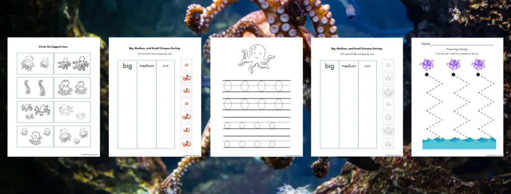 Images of free, printable octopus activities for preschool