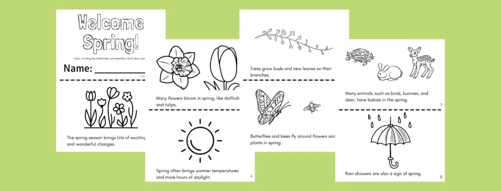 Welcome spring book for a free printable spring activity for preschoolers